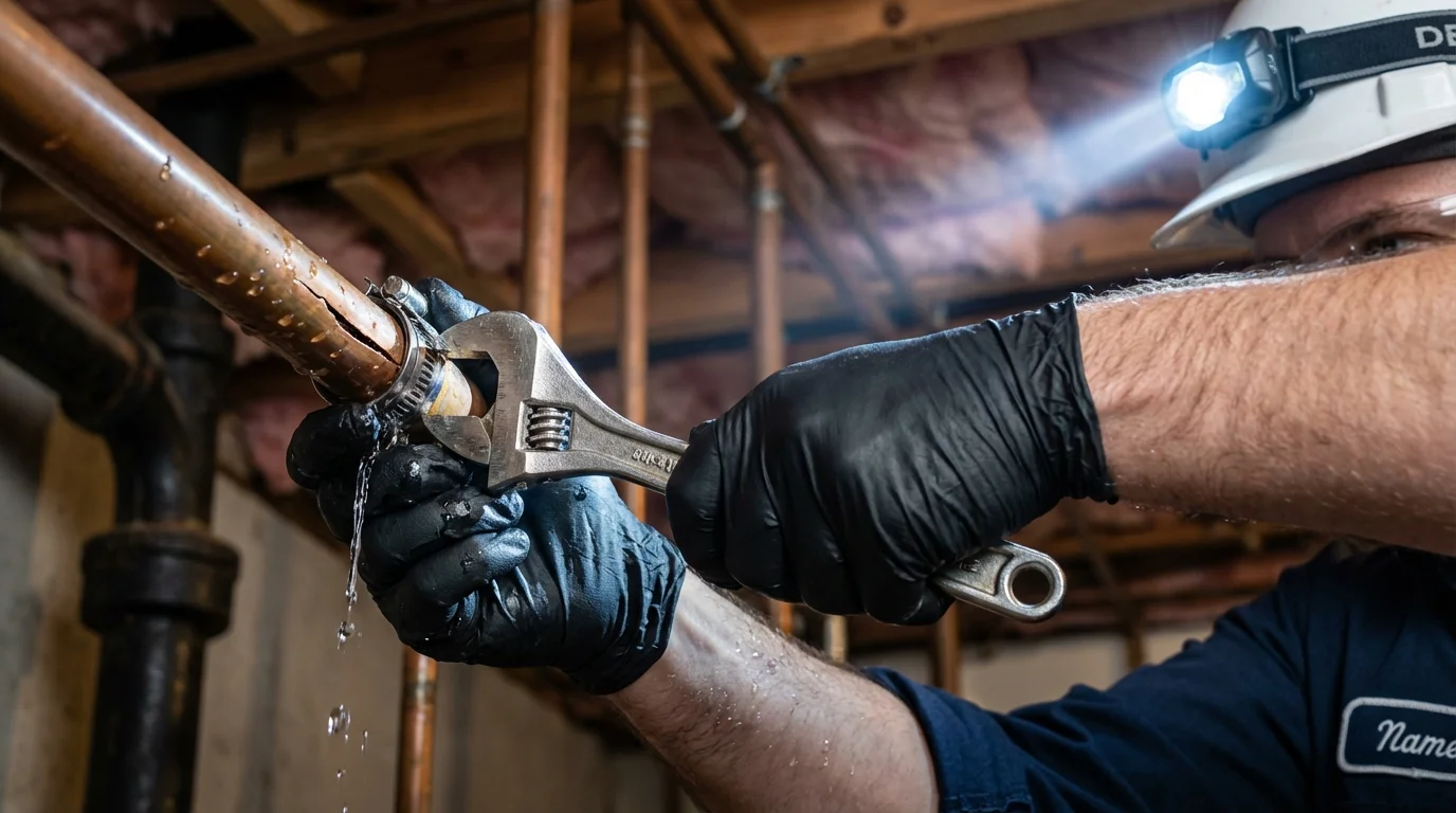 Emergency pipe clamp repair being performed by a Johns Plumbing LLC plumber in Richford