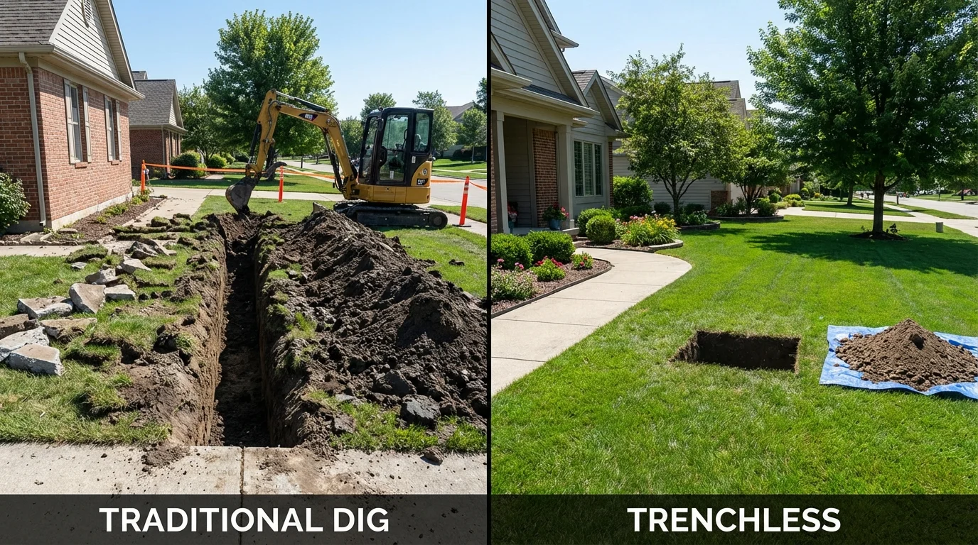 Trenchless sewer repair with minimal yard damage versus traditional excavation in Richford, VT